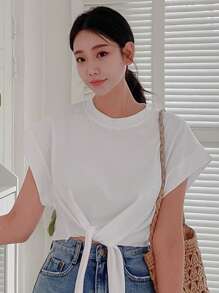 DAZY Camiseta Sólida Con Nudo En Dobladillo