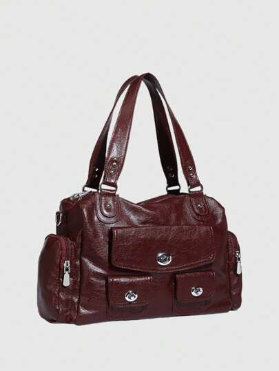 Kawaii Vintage Multi-Pocket Motorcycle Lock Clasp Large Capacity Shoulder Tote Bag, Women's Casual Minimalist Cross-Body Bag