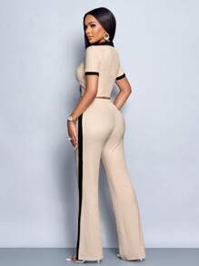 SOLERSUN Áo thun polo tay ngắn cổ bẻ màu sắc thường ngày mùa hè cho nữ Quần ống loe Bộ 2 món cho nữ - Màu be - Xem 2