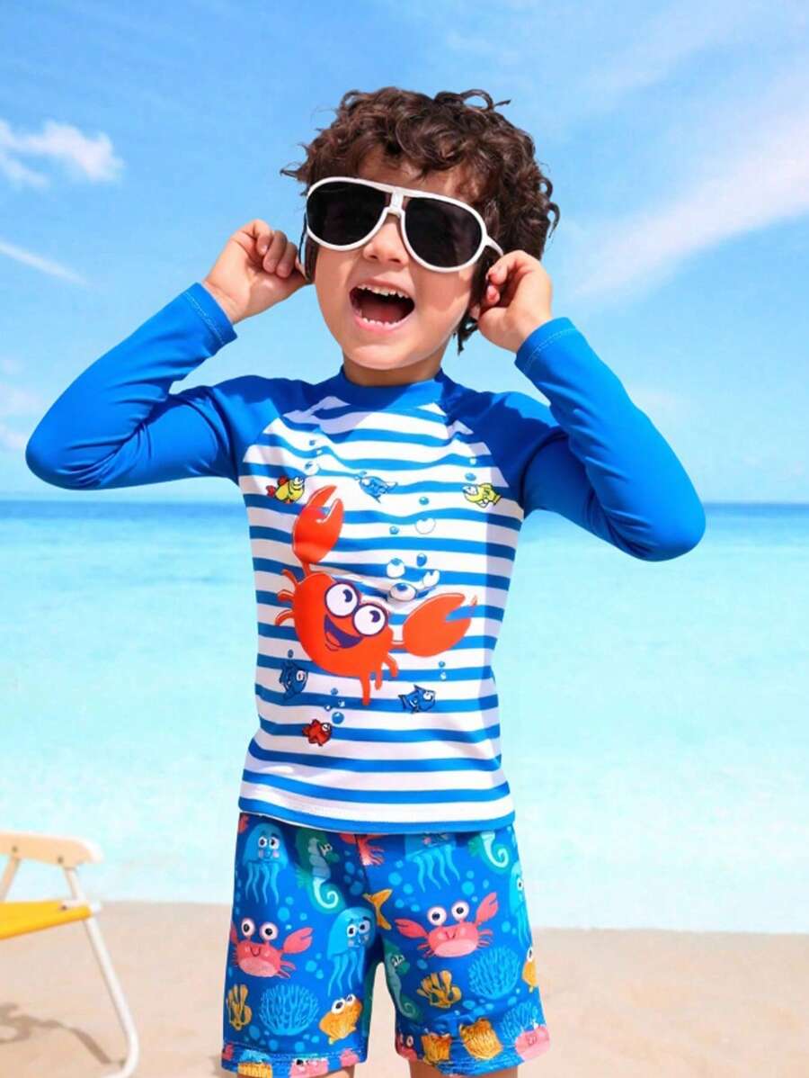 Chico joven Bañador de playa de rayas & con estampado de dibujos animados - Azul y blanco - Ver 1