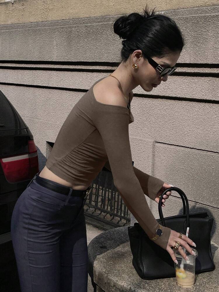 Women Casual Solid Color Asymmetric Collar Cropped T-Shirt, Autumn Long Sleeve Women Tops,Fall Women Clothes