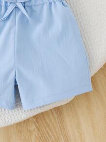 Baby Girl Striped Crew Neck Cap Sleeve Top And Shorts Casual Set - Blue and White - View 9