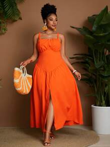 Maweii Đầm thường ngày không tay màu trơn cỡ lớn - trái cam - Xem 1