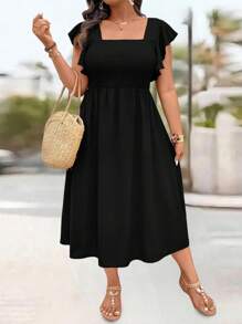 EMERY ROSE 大码女式度假腰部褶皱 A 字形盖袖连衣裙