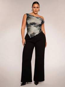 SHEIN BAE Damen Große Größen Leoparden-Muster Asymmetrischer Saum Offene Schulter Rüschen Locker Oberteil, geeignet für Lässig, Pendeln, Ausgehen, Date, Nachmittagstee, Urlaub