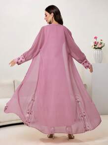 Al Najma Conjunto de 2 piezas para mujer: Bata de gasa con estampado floral de manga larga y vestido escote en V, elegante