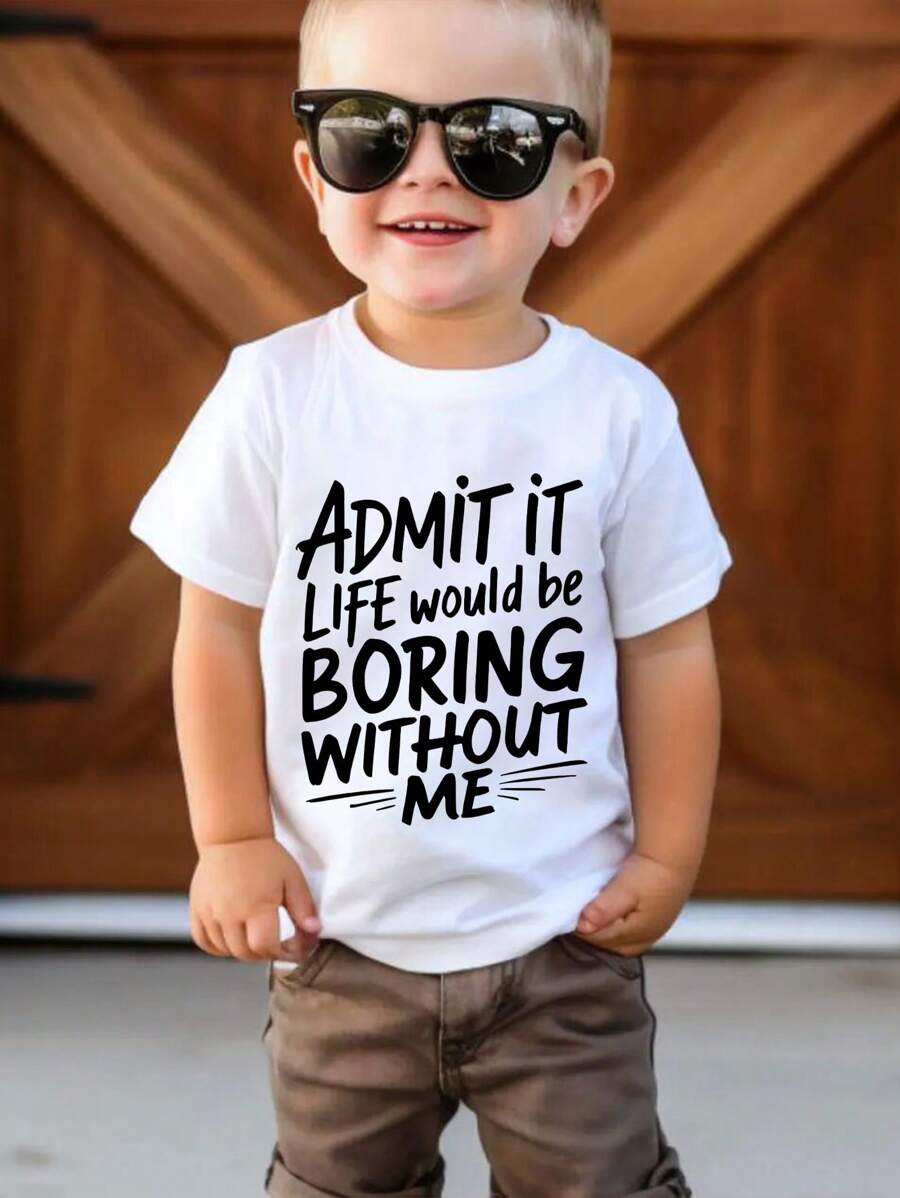 SHEIN Playful Pals 男婴休闲可爱字母标语印花圆领短袖 T 恤，夏季 - 白色 - 查看 1