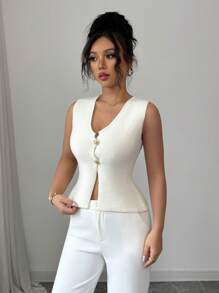 Elenzga Fashionable & Versatile European/French Design Button Front Solid Color Knit Top - Beige - View 3