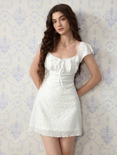 SHEIN MOD White Lace Knit Mini Dress For Women, Vacation Babydoll Dress,Boho Women Clothing,Summer Outfits For Women