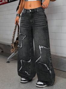 SHEIN ICON 低腰刺绣贴片洗水阔腿女式牛仔裤 - 深灰色 - 查看 4