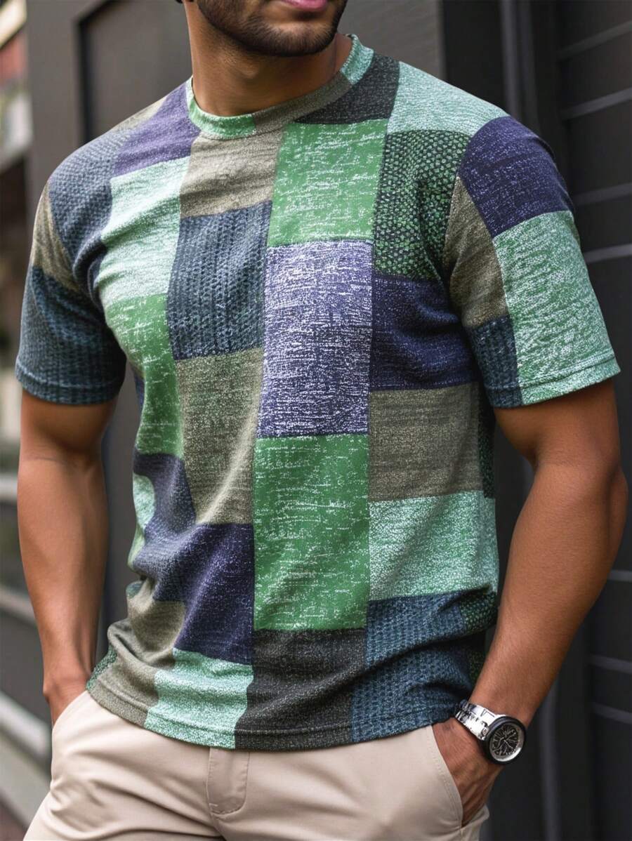 Manfinity Homme Camiseta casual de manga corta con cuello redondo y estampado geométrico para hombres de talla grande - Multicolor - Ver 1