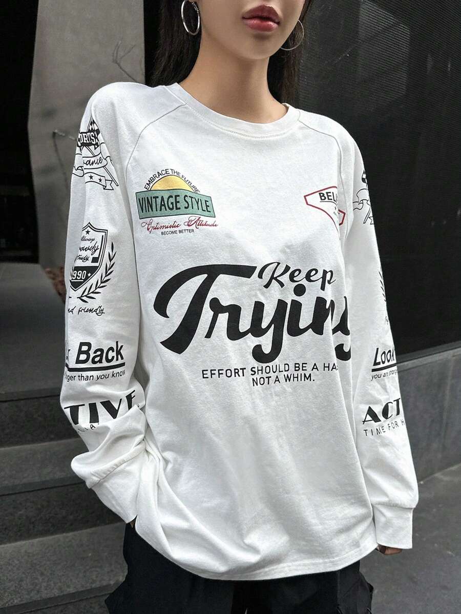 DAZY Text Design Raglan Sleeve T-Shirt Keep Tryin EFFORT SHOULD BE A HABIT NOT A WHIM Long Sleeve Women Tops - White - View 1