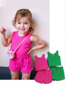 Set de 4 piezas de top sin mangas y pantalones cortos de unicolor informal para niñas bebé, verano - Multicolor - Ver 1