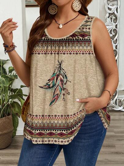 EMERY ROSE Top suelta con tirantes, plisada, con estampado retro de plumas y patrones, apta para primavera/verano, talla grande