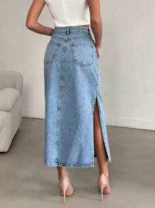 RueChic WOMEN HIGH WAIST SLIT DETAIL MIDI SKIRT - Medium Wash - View 2