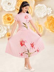 SHEIN 女童针织百合花印花上衣和百褶裙两件套，适合花园茶会、春季旅行、情人节女童、花童连衣裙 - 粉色 - 查看 5