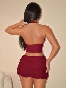 SHEIN ICON Halter Neck Tank Top And Low Waist Pleated Mesh Mini Skirt Set Burgundy - Burgundy - View 2