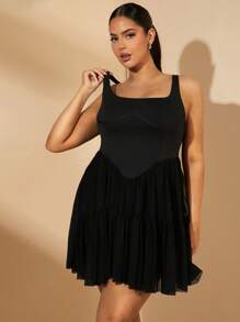 SHEIN BAE Vestido mini de línea A con parches de malla negra, romántico, elegante, sexy y dulce para el Día de San Valentín, fiesta de cumpleaños u otras ocasiones especiales, tallas grandes, primavera/verano