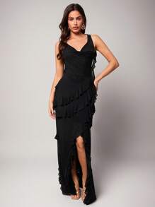 Silquee Premium Quality Black Elegant Romantic Multi-Layered Ruffle V-Neck Slit Dress, Sexy Split Dress ,Wedding Bridesmaid, Formal Ball, Casual Work, Birthday, Holiday Outfit, Beach Party Women Evening Gown Women Elegant Dresses Prom Dresses For Woman Women Formal Party Dresses For Women Women Formal Formal Dresses For Women Women Prom Dresses,Bodycon Dress, Black Backless Dress,Holiday Dress Graduation