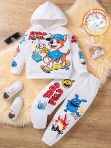 Bộ 2 món/bộ quần áo trẻ em trai thường ngày phong cách đại học thoải mái & thời trang đơn giản thiết thực dễ thương họa tiết graffiti in nhiệt lót áo nỉ trùm đầu & quần, phù hợp cho bé trai trở lại trường, bộ quần áo trẻ em trai đi học, hàng ngày, trường học, ngoài trời, thể thao, thu đông - trắng - Xem 2