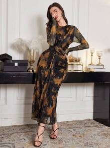 Modelyn Women's Elegant Tie-Dyed Printed Twist Waist Dress