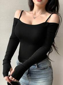 DAZY Women's Off Shoulder Slim Fit T-Shirt, Pure Black, Spring/Summer,Fall Clothes Long Sleeve Women Tops - Black - View 6
