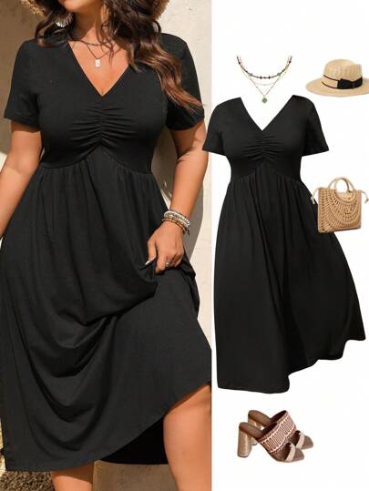 Rometta Elegante vestido de punto con cuello en V, diseño plisado y manga corta para mujer de talla grande, nuevo lanzamiento