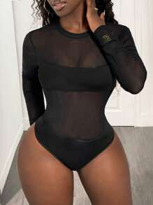 BamGleam 长袖网眼拼布紧身衣，合身又性感 - 黑色 - 查看 5