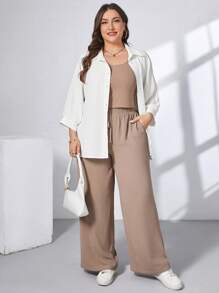 SHEIN Essnce Plus Size Women's Summer Business Casual Graduation Outfit Beach Outfits Streetwear Teacher Going Out Outfits Country Concert Outfit Work Clothes Women Button Up Shirt Women Lounge Sets For Women Vacation Outfits Women Business Casual Woman Workout Sets Women Vacation Outfits Woman Beachwear New Fashion Fashion Casual Commuting Vacation Linen Apricot Trousers And Vest And White Shirt 3-Piece Sleeves 3-Piece Suit - Khaki - View 5
