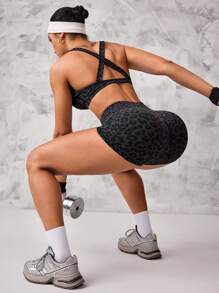 Easithlete Bộ đồ thể thao tập luyện cho nữ gồm 2 áo ngực và quần short thắt nút họa tiết da báo - Nhiều màu - Xem 4
