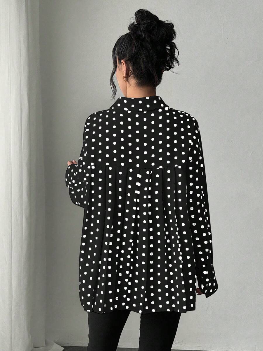 Chiquease 休闲波点印花褶皱后背衬衫，适合春秋季节 - 黑色 - 查看 1