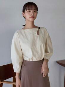 FRIFUL 镂空不对称领灯笼袖长袖女式衬衫