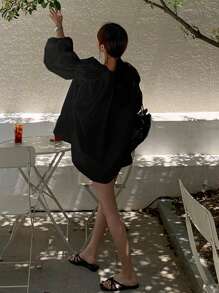 DAZY Women's Simple Solid Color Casual Loose Shirt Long Sleeve Top - Black - View 2