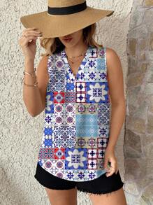 Glamance Pamile Women Blue Plus Size Blouses Sleeveless V Neck Boho All Over Print,Floral,Plain, Summer Outfits For Women Summer Tops Going Out
