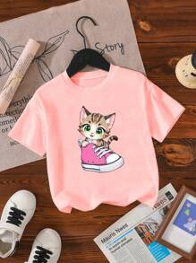 Young Girl Crew Neck Solid Color Cartoon Cute Graphic Print Simple Fashion T-Shirt - Purple - View 2