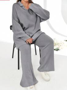 EURMUSE 2pcs/Set Solid Color Turn-Down Collar Sweater And Long Pants Outfit - Light Grey - View 3