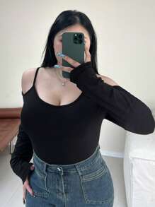Dazy Petite Plus 大码女式长袖露肩挂脖T恤，黑色，春夏秋季女装 - 黑色 - 查看 3