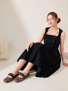 CUCCOO CHICEST Women's Outdoor Square Toe Flat Button Decor Leopard Velvet Fashion Slip On Sandals, Suitable For Daily & Party Wear For Christmas And New Year Holiday Vibe Fall And Winter - Black - View 6