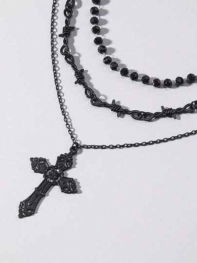 3pcs/Set Gothic Dark Personalized Glass Crystal Black Beaded Vintage Hip Hop Thorns Cross Pendant Necklace, Suitable For Women & Men Daily Wear, Halloween