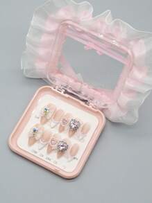 ROMWE Kawaii 10pcs French Style Pink Rhinestone Bow Heart Design Handpainted High Quality False Nails + 3pcs Double-Sided Adhesive + 1pc Pink Lace Bow Jewelry Box, Detachable & Reusable Colored Nail Stickers With Pearl, Suitable For Holiday Party, Dance And Daily Wear - Multicolor - View 3