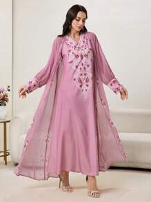 Al Najma Conjunto de 2 piezas para mujer: Bata de gasa con estampado floral de manga larga y vestido escote en V, elegante