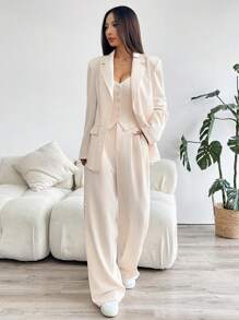 SHEIN EZwear 秋冬女士纯色缺口领长袖夹克、单排扣背心和裤子套装 - 杏色 - 查看 3
