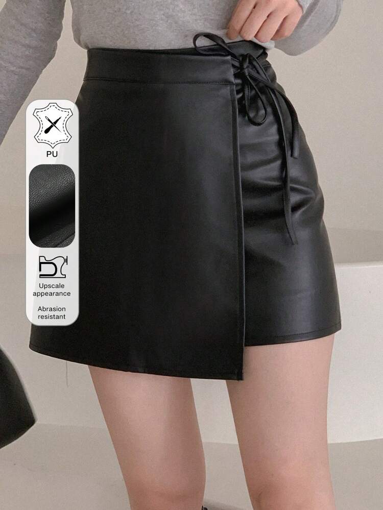 Solid PU Leather Wrap Knot Side Skirt Fall