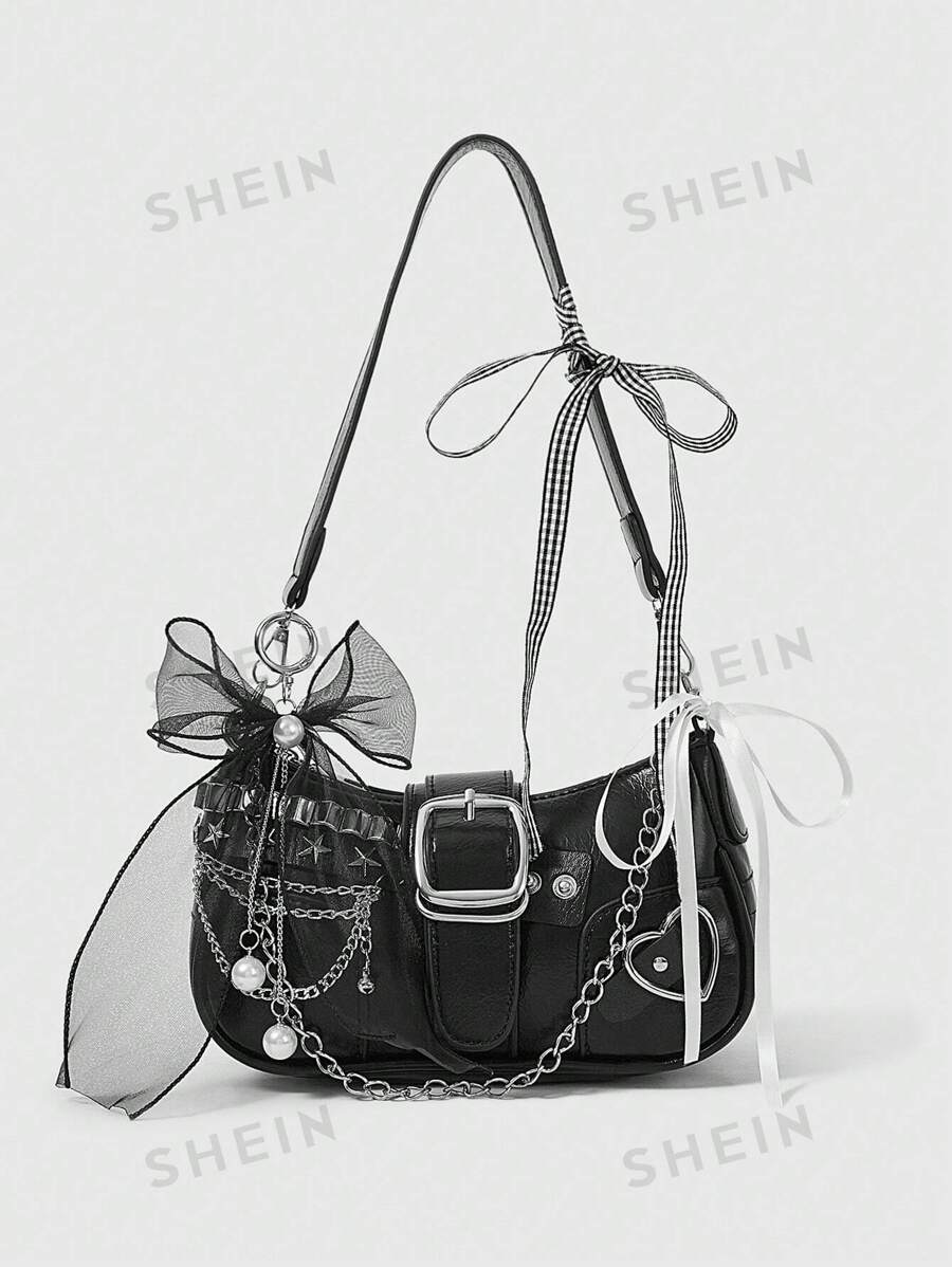 ROMWE Kawaii Bolso de hombro de estilo gótico lindo, de campus universitario y Y2K para mujer - Negro - Ver 1