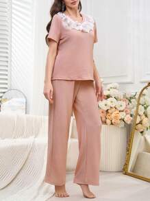 2pcs/Set Women V-Neck Ruffle Lace Sleepwear Set - Dusty Pink - View 5