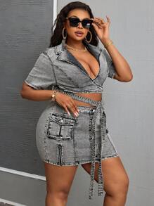 SHEIN SXY Robe en jean slim ajusté avec laçage, lavée, en grande taille
