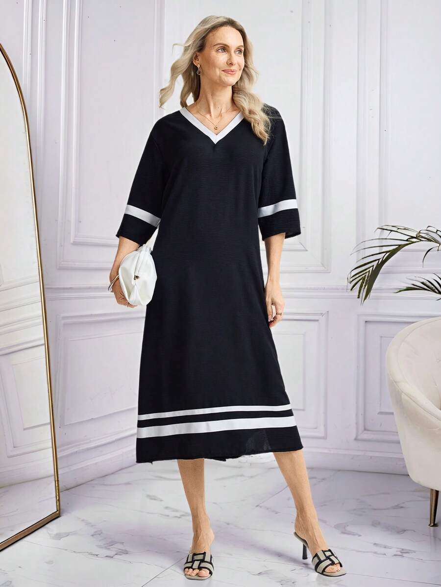 Miaspire Women's Striped V-Neck 3/4 Sleeve Casual Long Dress