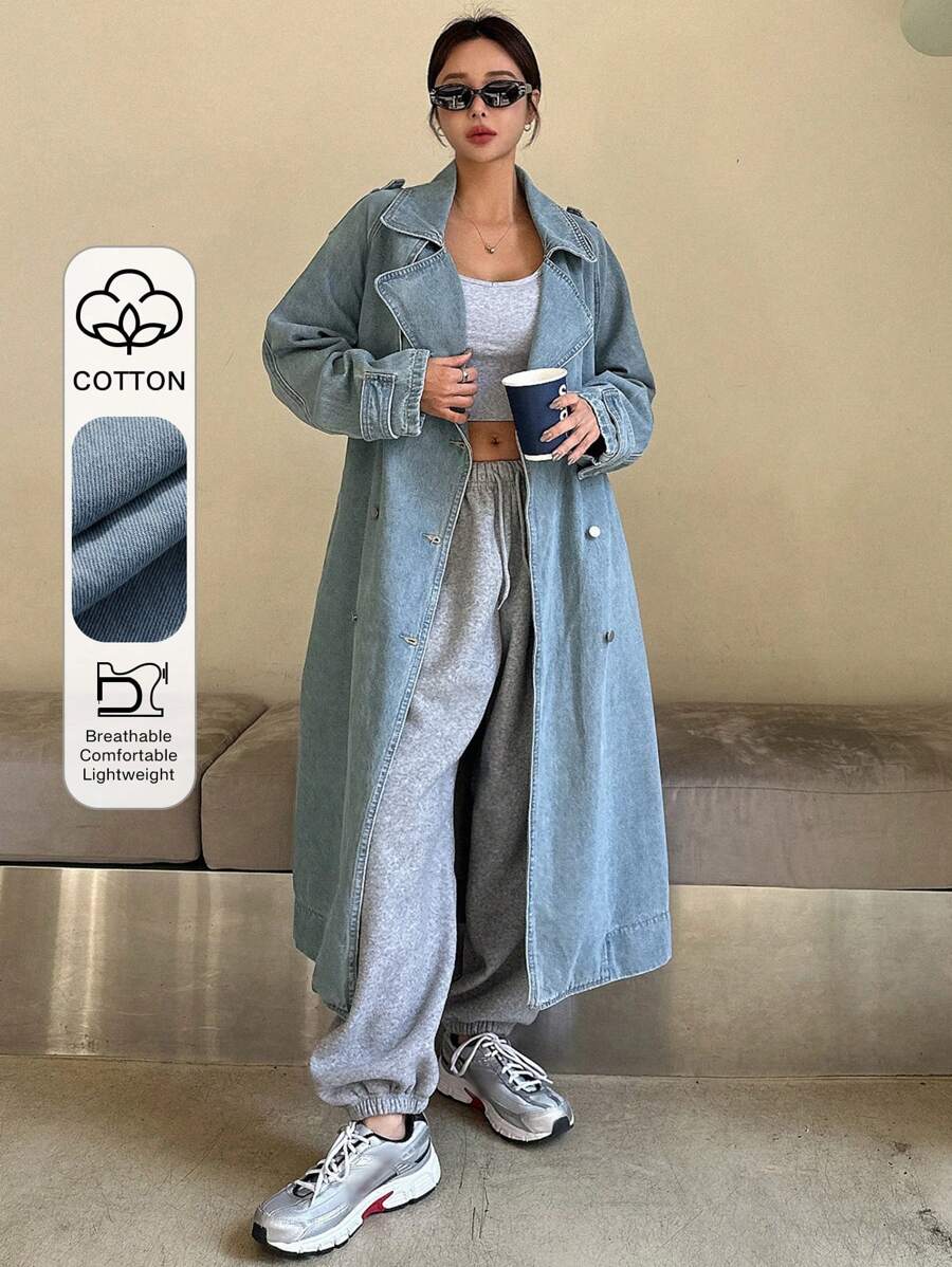 DAZY 女式休闲长款翻领双排扣牛仔夹克，秋季，返校服装 - 藍色 - 查看 1