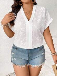 SHEIN Frenchy Plus Size Leisure Floral Embroidery Batwing Sleeve Blouse - White - View 3