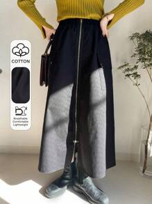 FRIFUL Women's Zippered Pockets Decor Skirt - Black - View 1